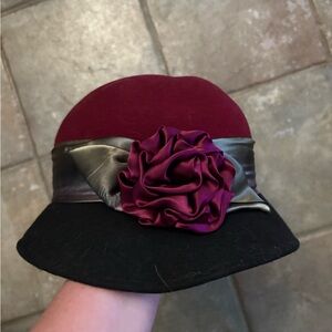 Elegant Burgundy and Black Cloche Hat with Floral Accent